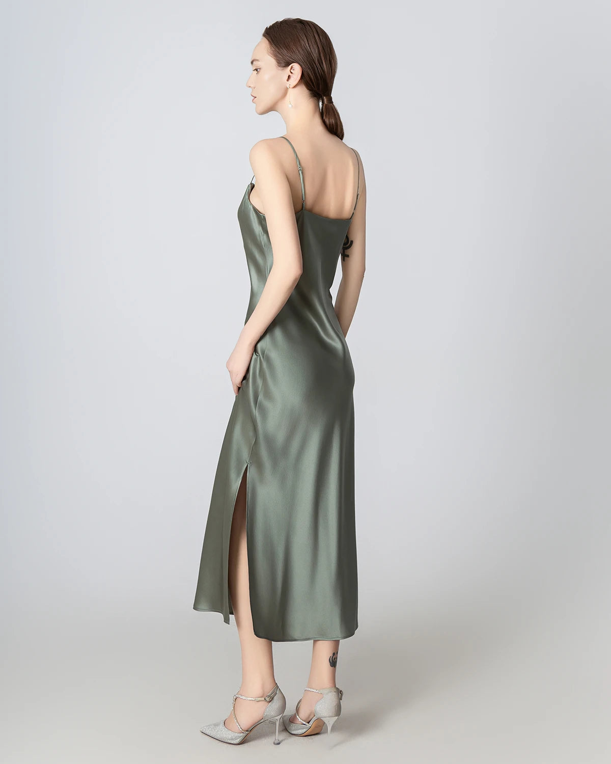 Slit Cowl Neck Midi Cami Silk Dress