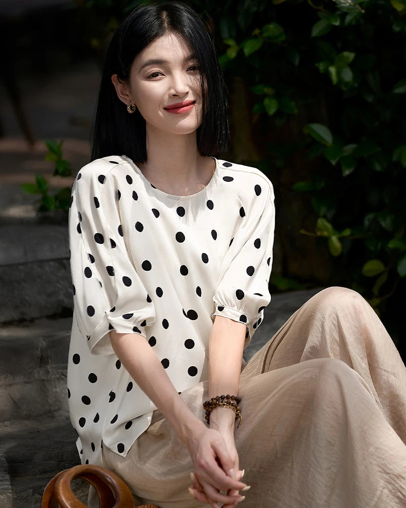 Round Neck Polka Dot Silk Blouse