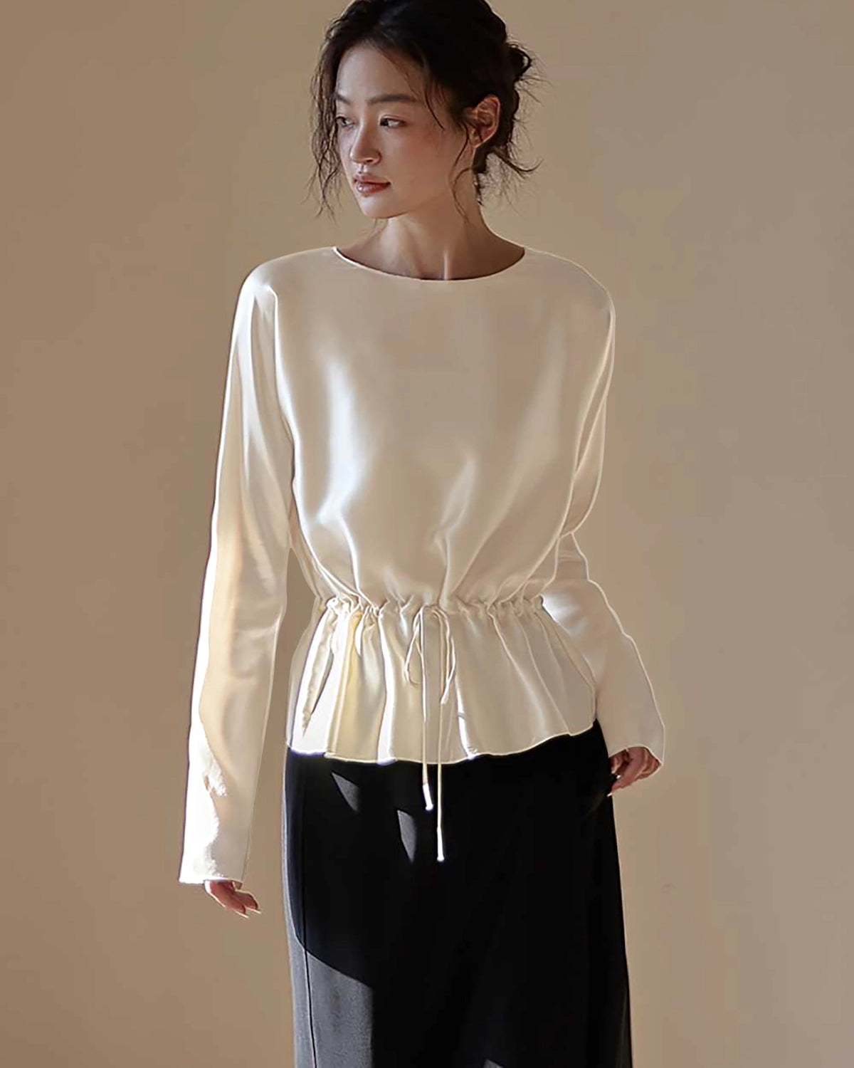 Elegant Drawstring Waist Silk Blouse