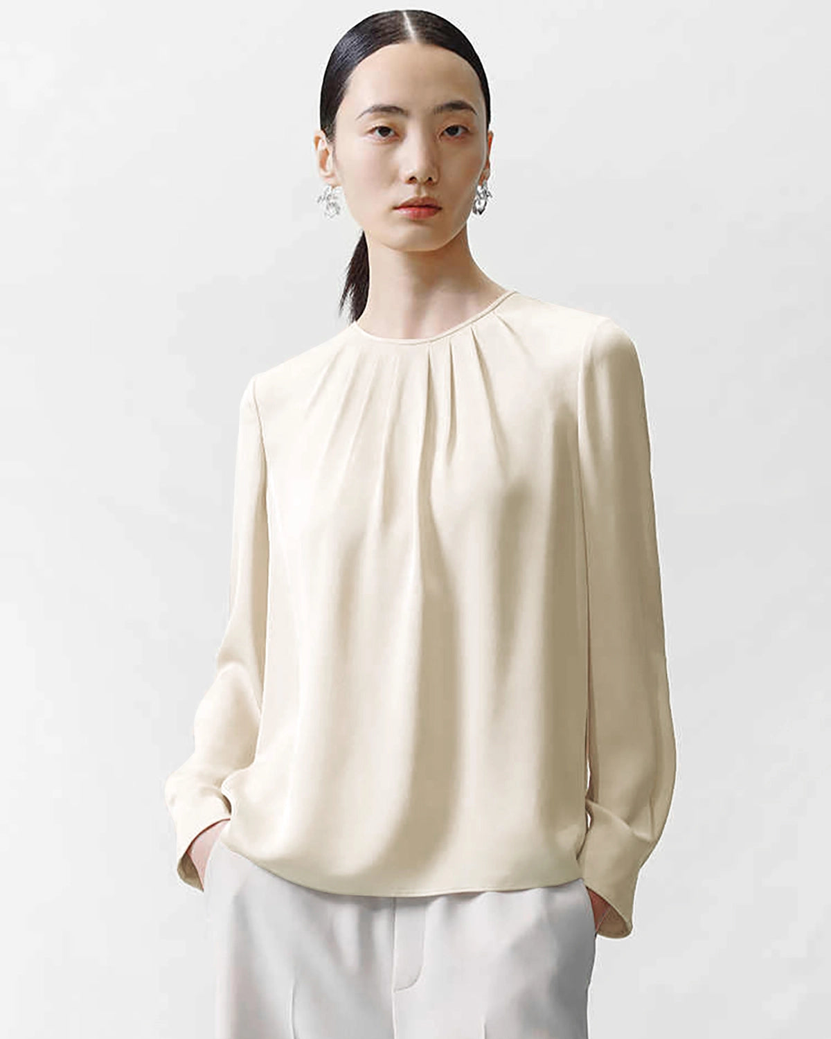Crew Neck Pleated Silk Blouse