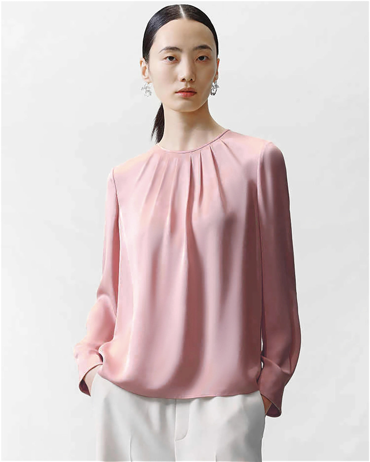 Crew Neck Pleated Silk Blouse