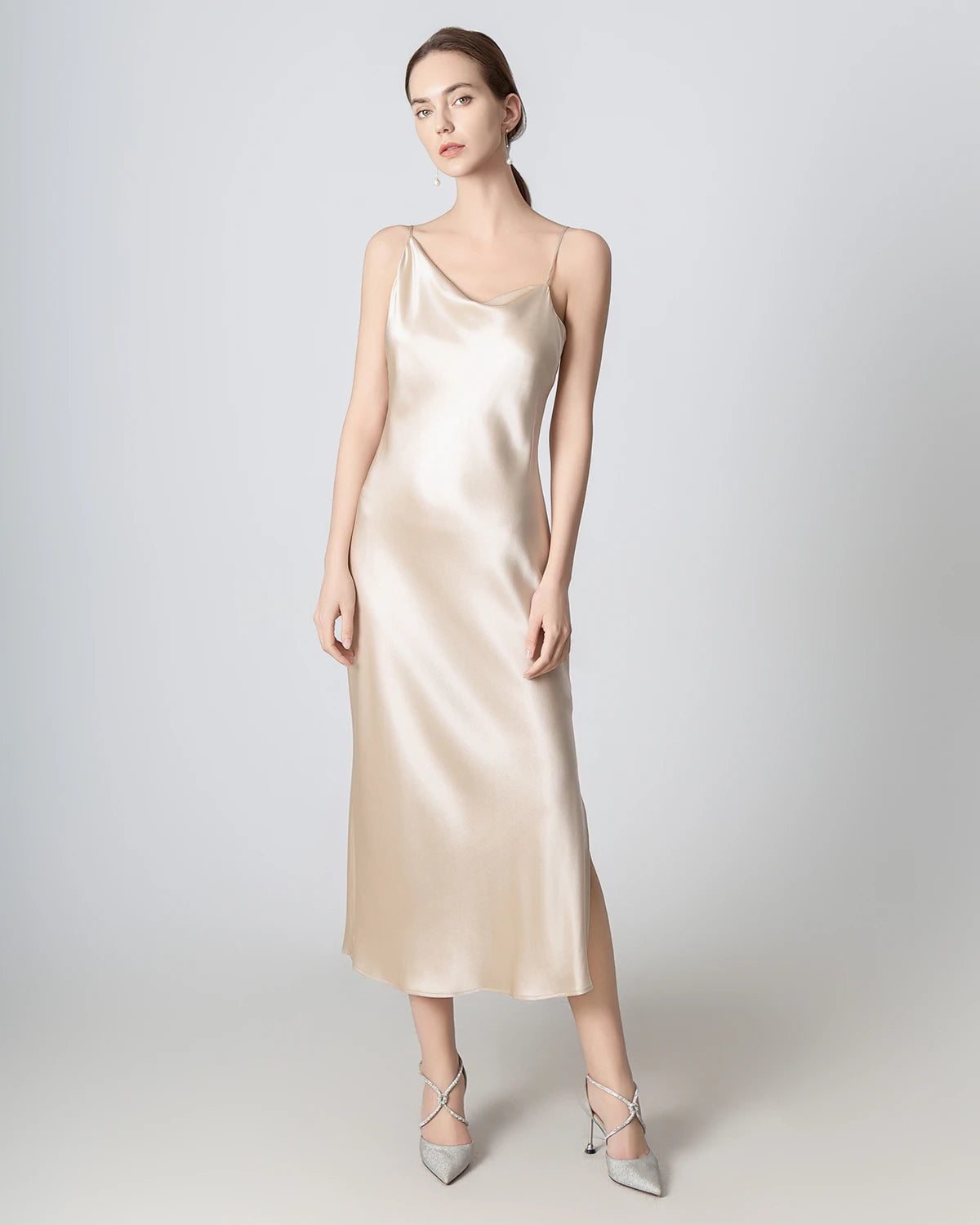 Slit Cowl Neck Midi Cami Silk Dress