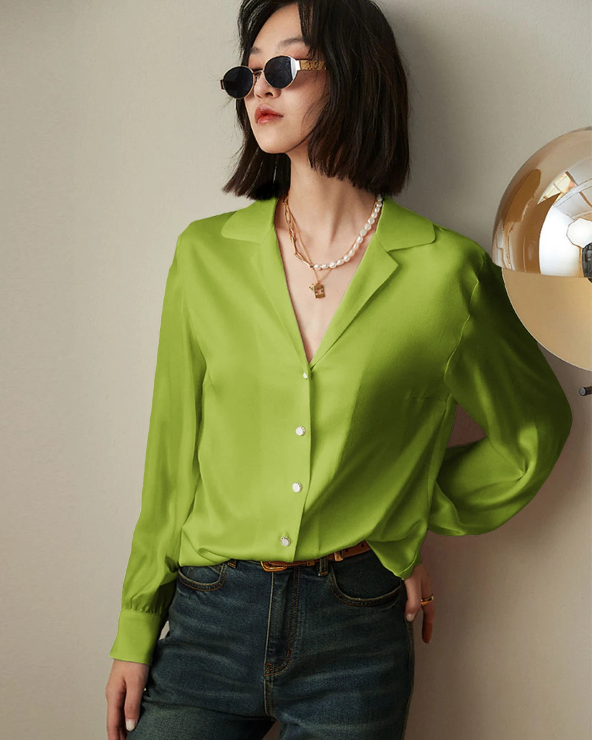 V-neck Lapel Collar Silk Blouse