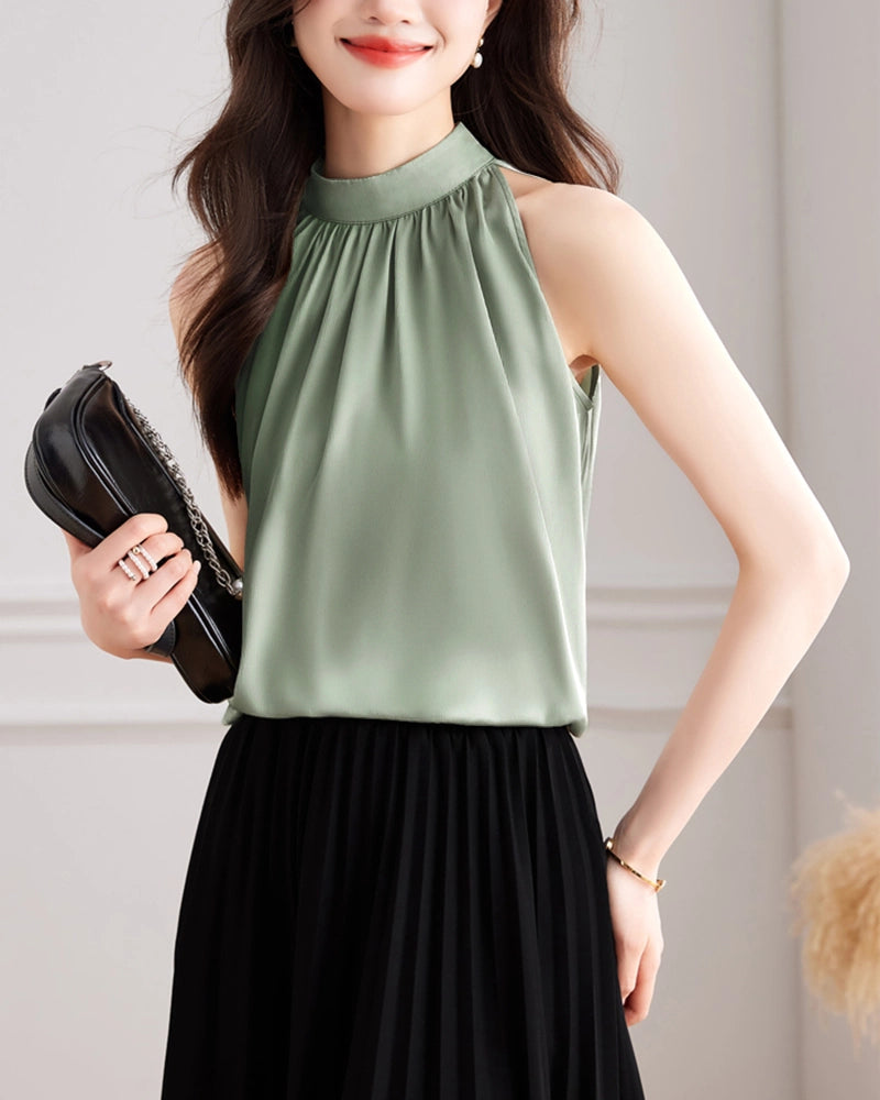 Mock Neck Sleeveless Silk Blouse