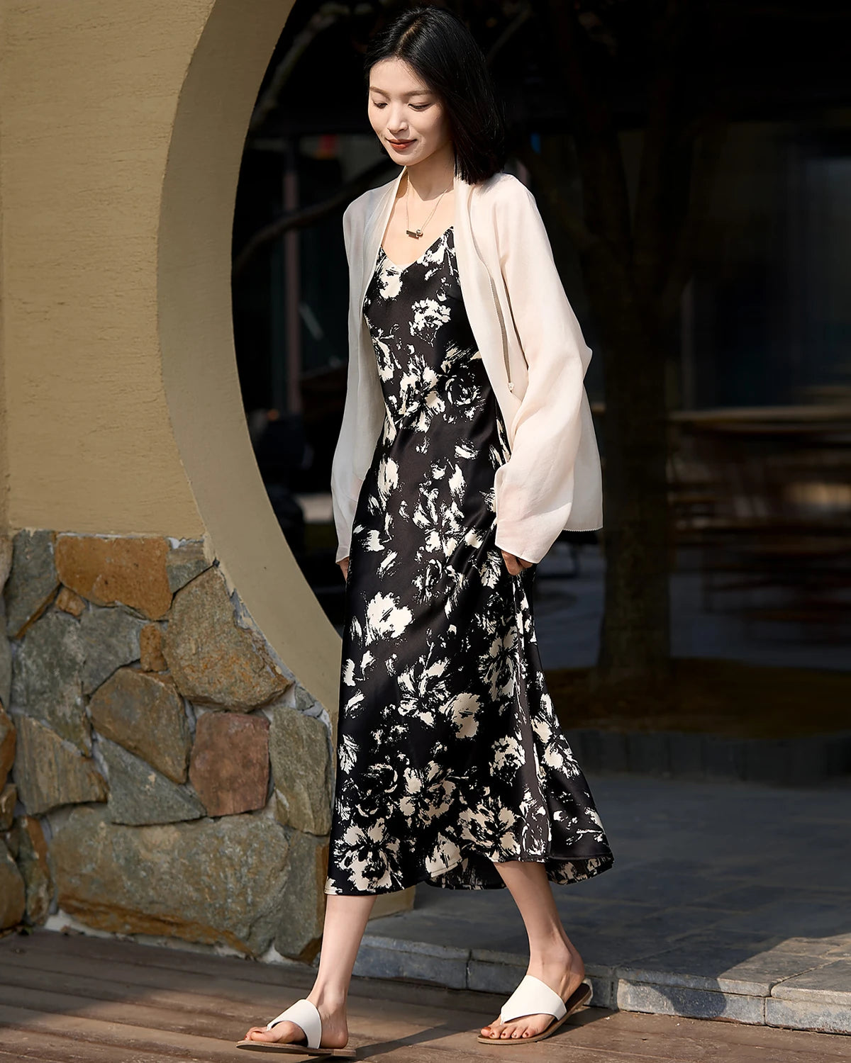 Silk Black and White Floral Dress