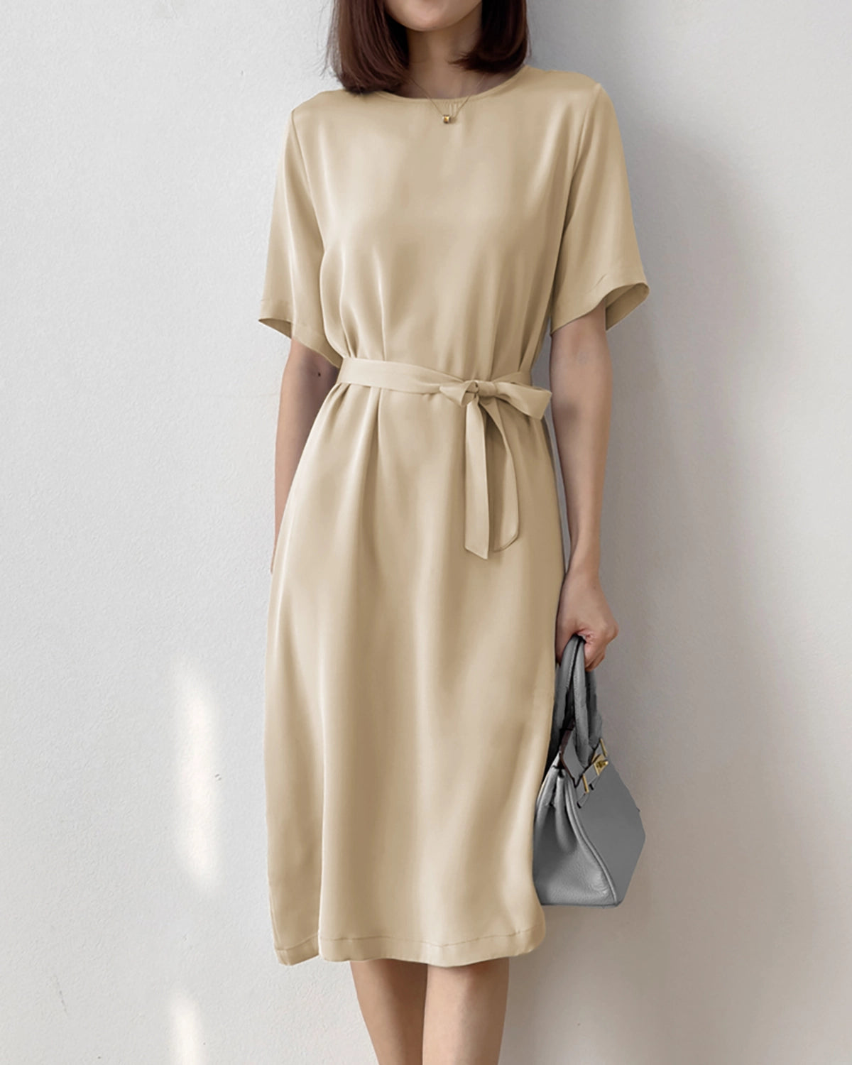 Loose Fit Belted Silk Dress 32 Momme