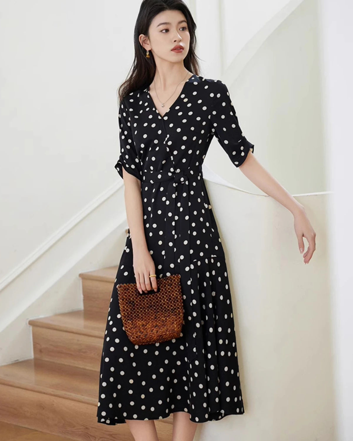Flared Polka Dot Silk Dress
