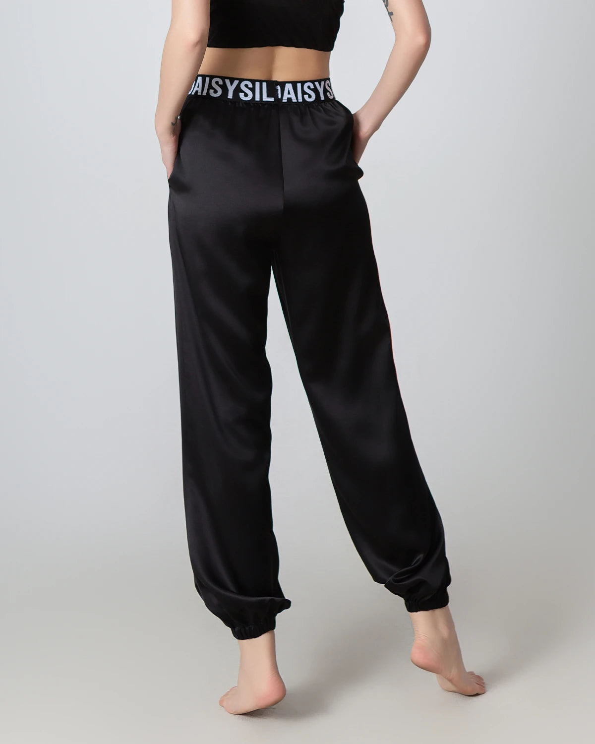 Elastic Waist Loose Ankle Cuffed Silk Pant for Women