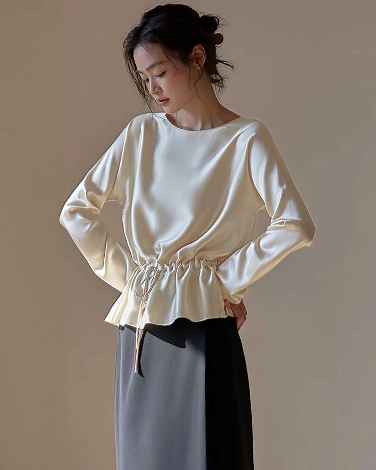 Elegant Drawstring Waist Silk Blouse