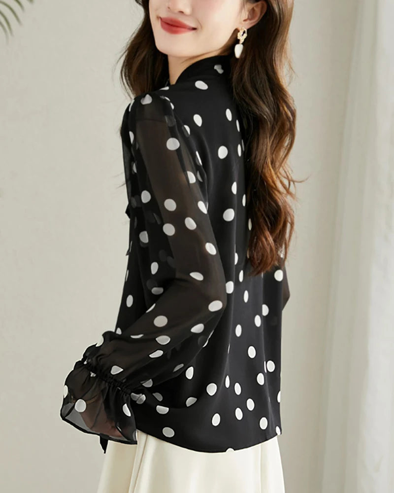 Polka Dot Silk Blouse with Ruffles
