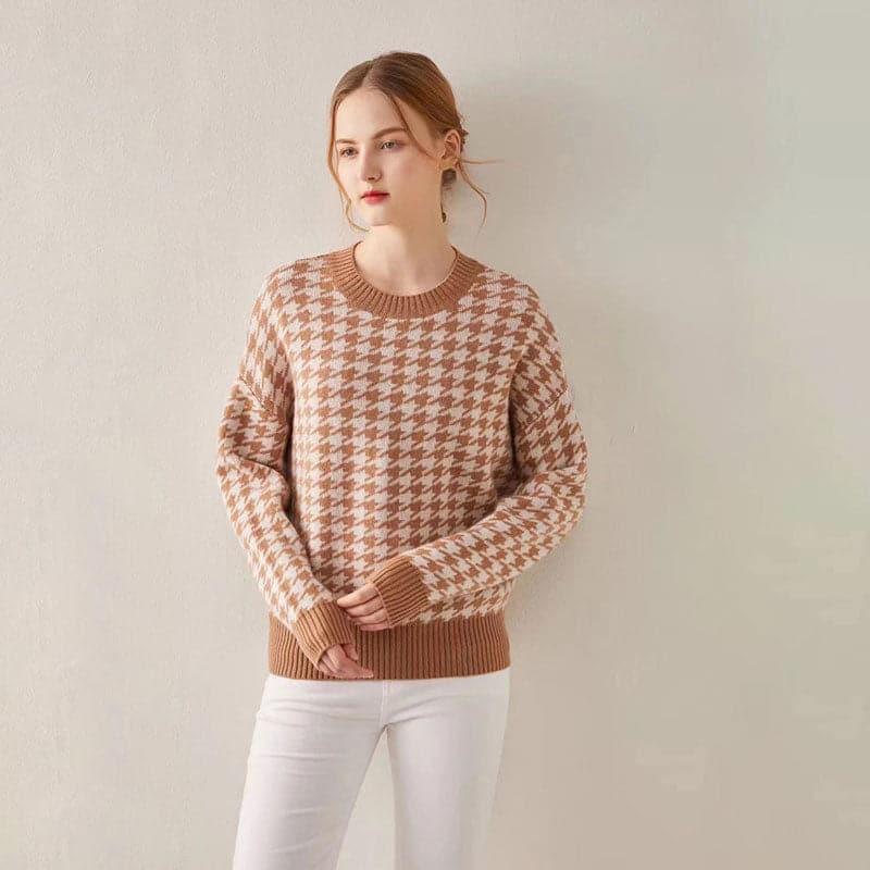 Cashmere Round Collar Houndstooth Sweater