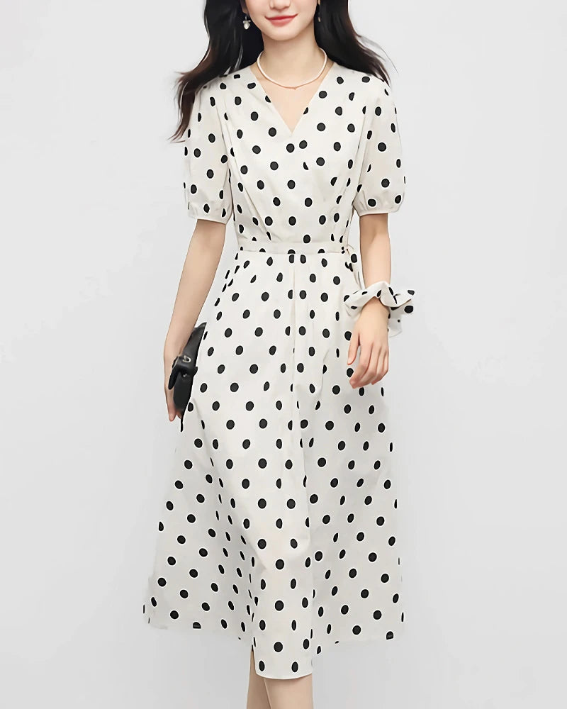 Polka Dot Silk Dress V Neck Short Sleeve
