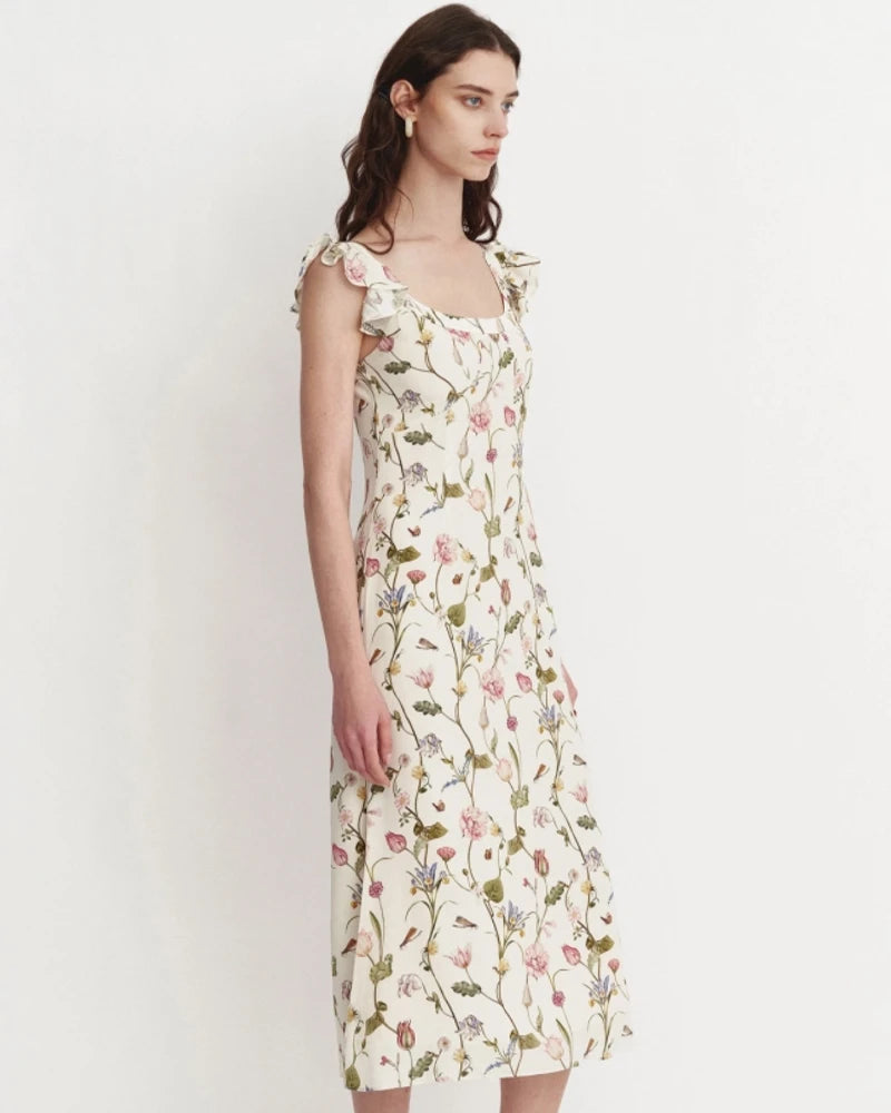 Floral Ruffle Shoulder Silk Dress