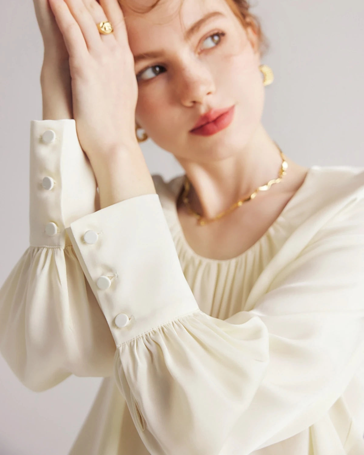 Pleated Round Neck Silk Blouse