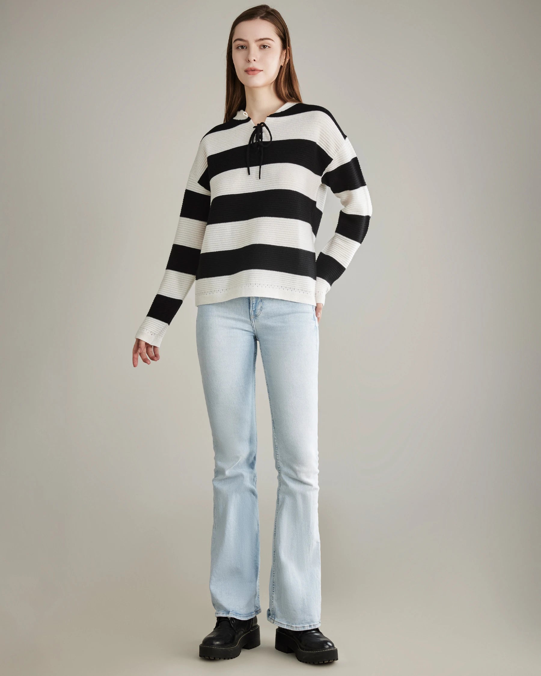 Striped Lace Up Cashmere Sweater