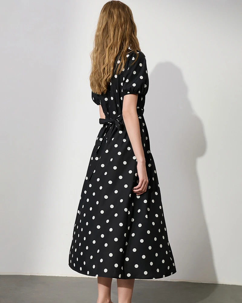 V Neck Polka Dot Silk Dress Short Sleeve