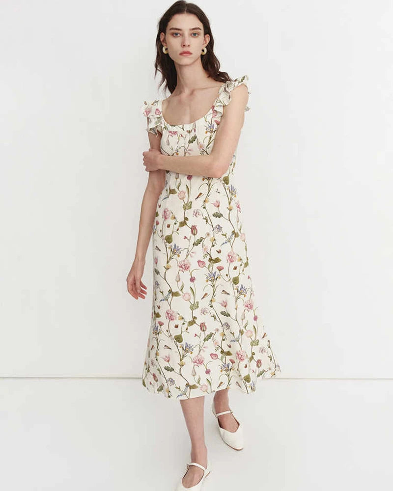Floral Ruffle Shoulder Silk Dress