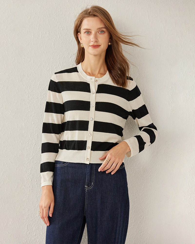 Striped Button Up Cashmere Cardigan