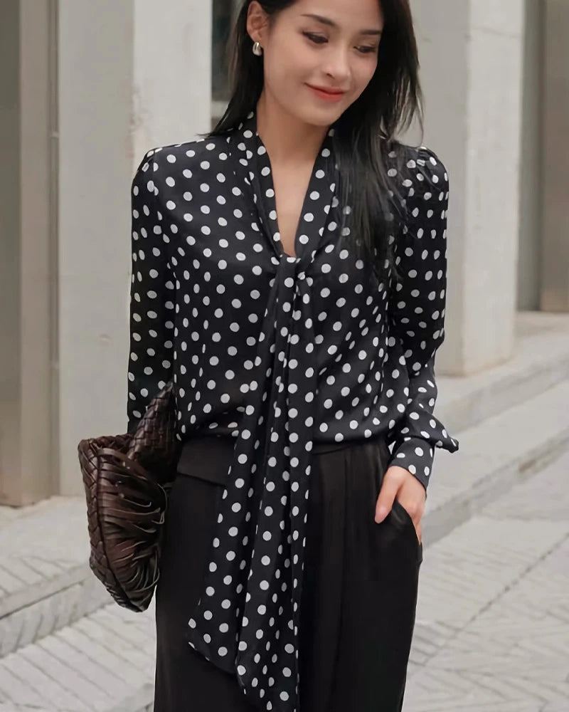 Tie Front Polka Dot Silk Blouse
