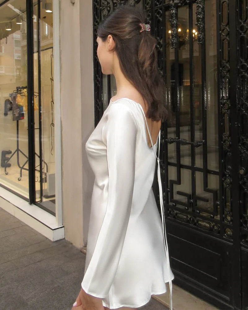 Silk Open-Back Long Sleeve Mini Dress