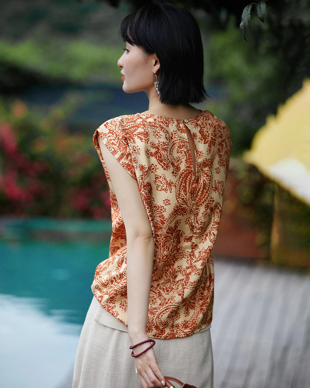 Terracotta Paisley Print Silk Tank