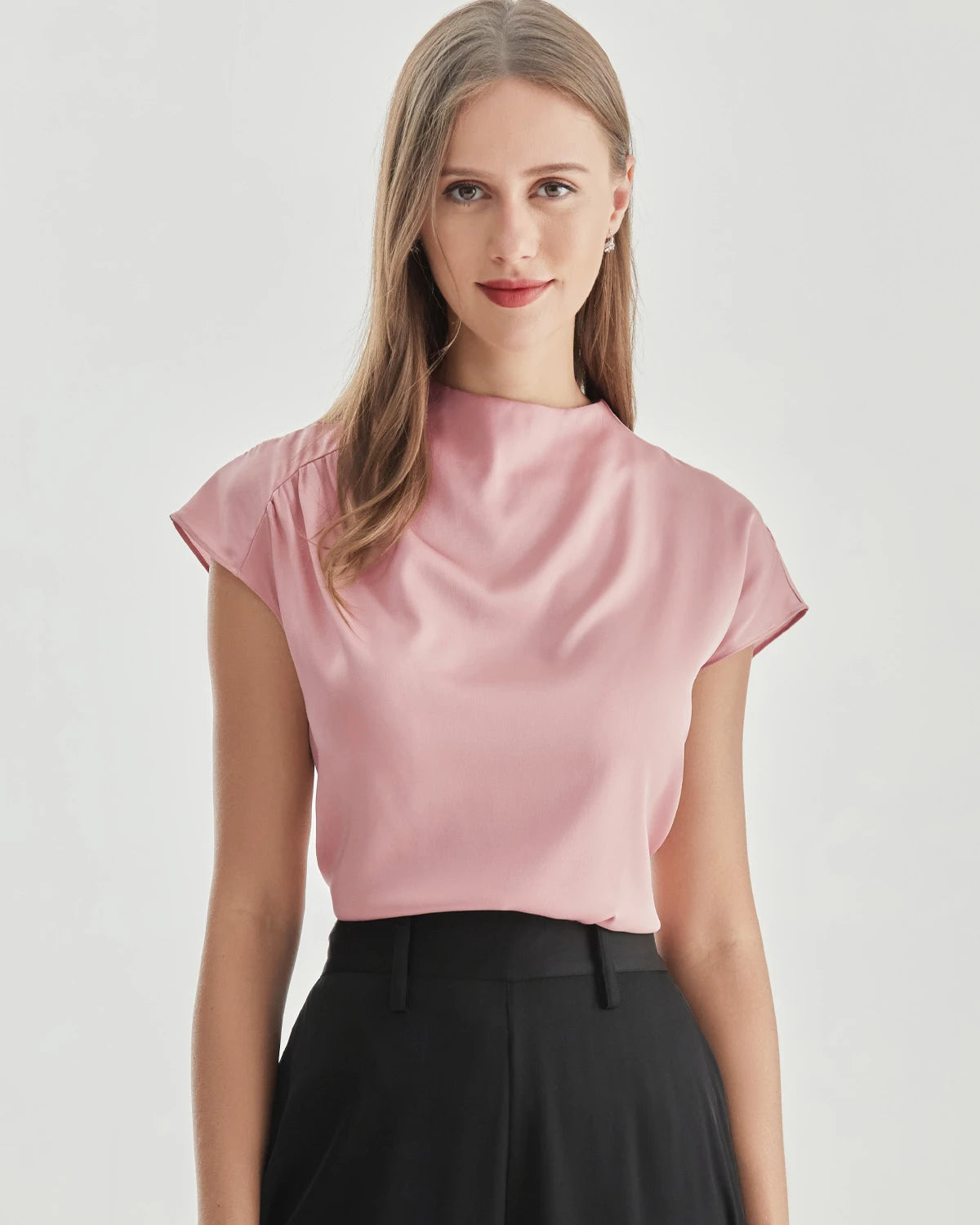 Stand Collar Cap Sleeve Silk Shirt