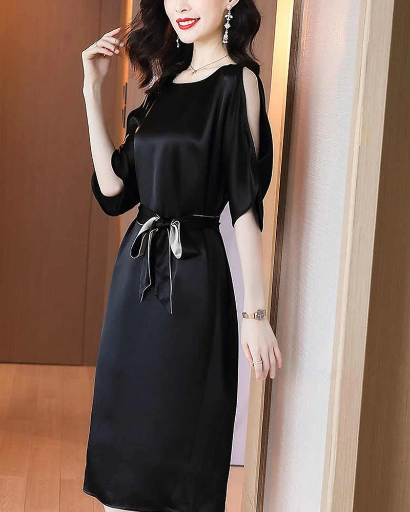 Belted Silk Midi Dress with Slit Shoulders