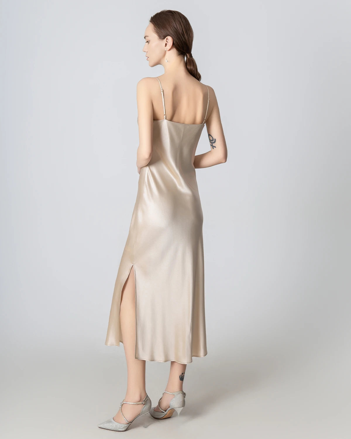 Slit Cowl Neck Midi Cami Silk Dress