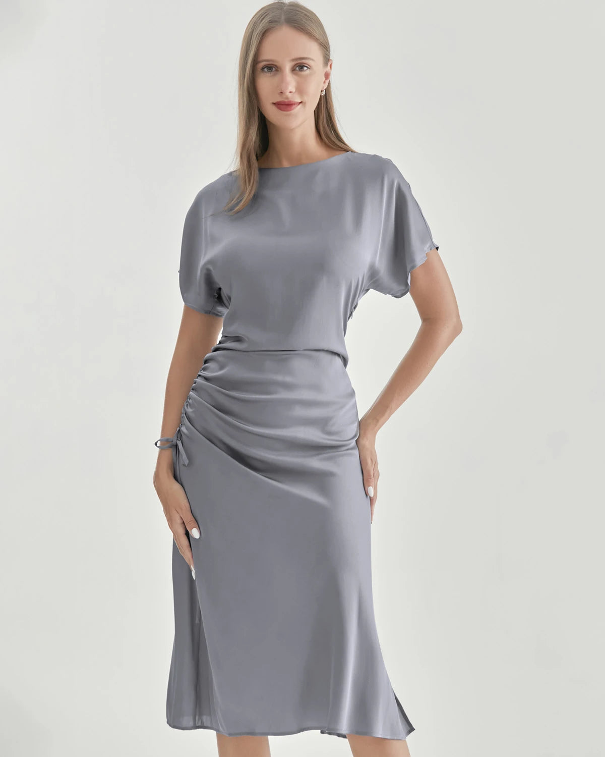 Silk Short Sleeve Pleated Dress