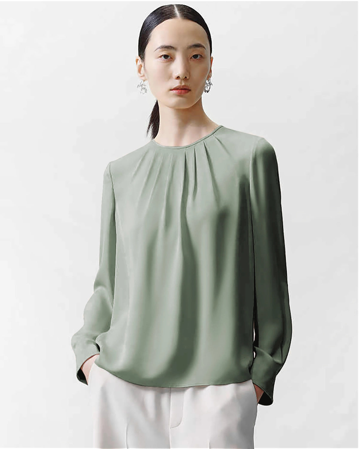 Crew Neck Pleated Silk Blouse
