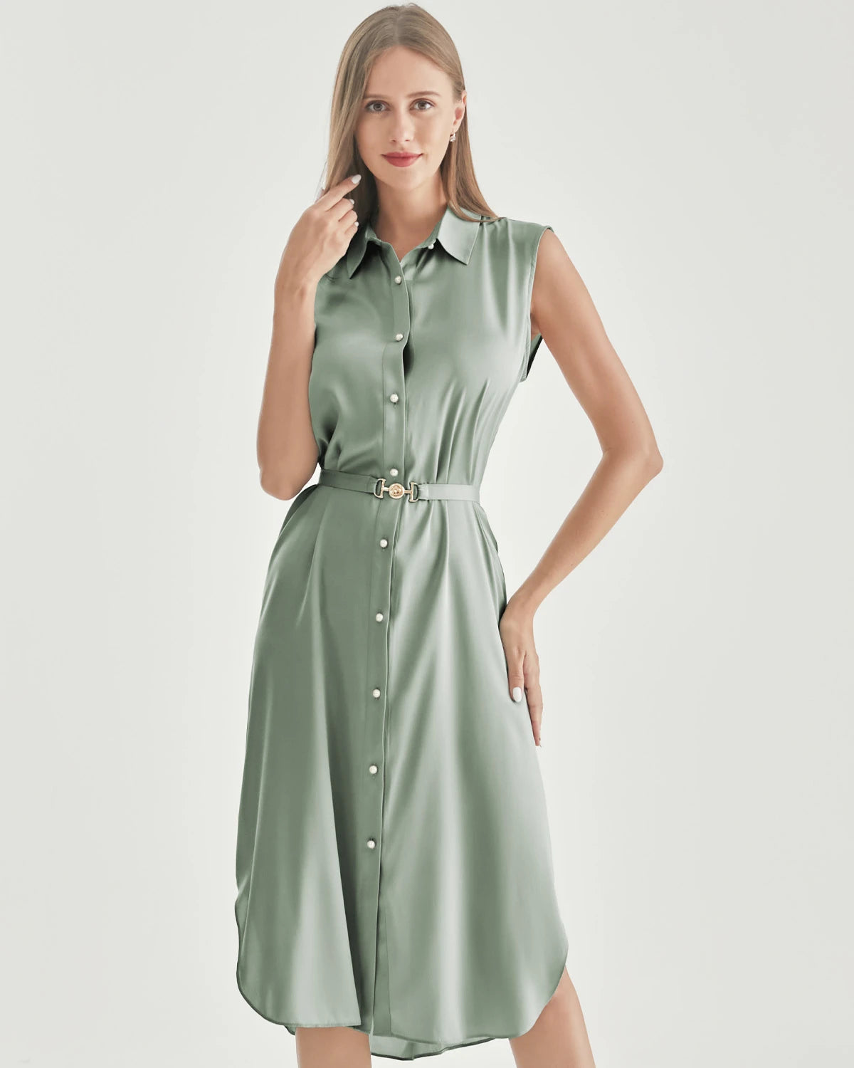Belted Shirt Dress Sleeveless Silk Dress