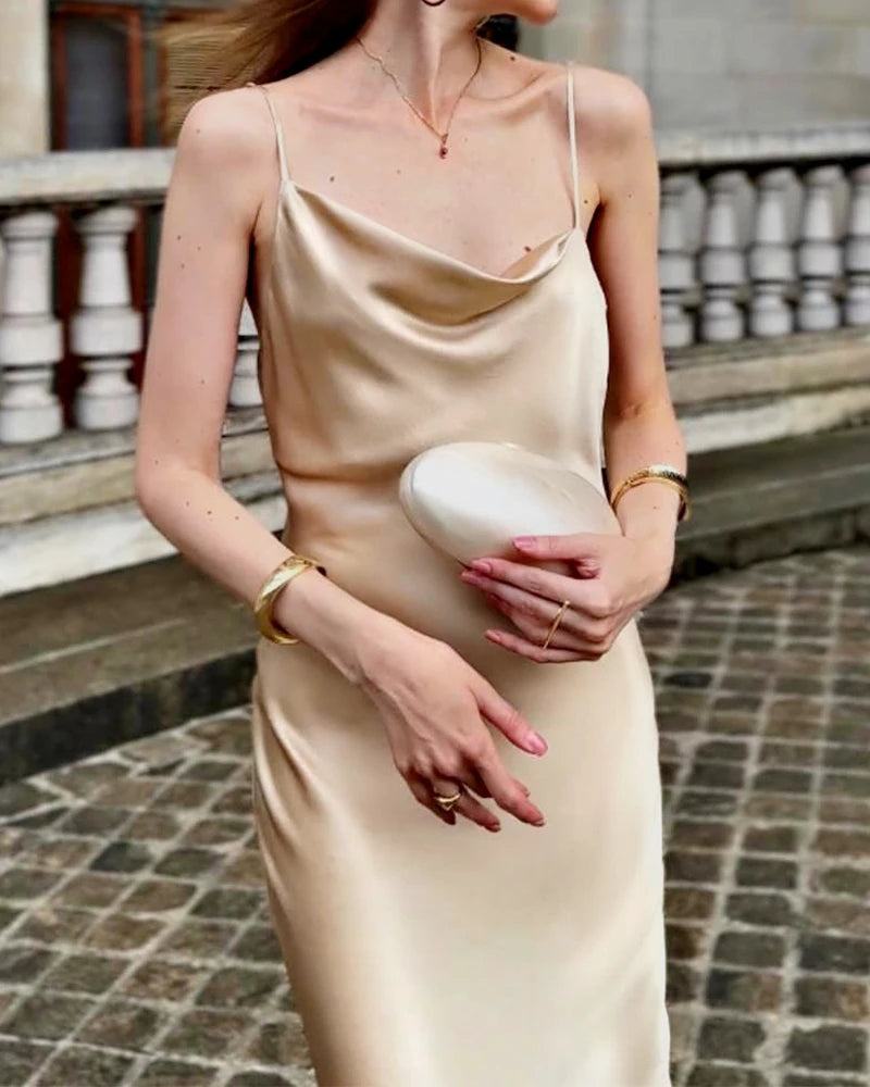 Slit Cowl Neck Midi Cami Silk Dress