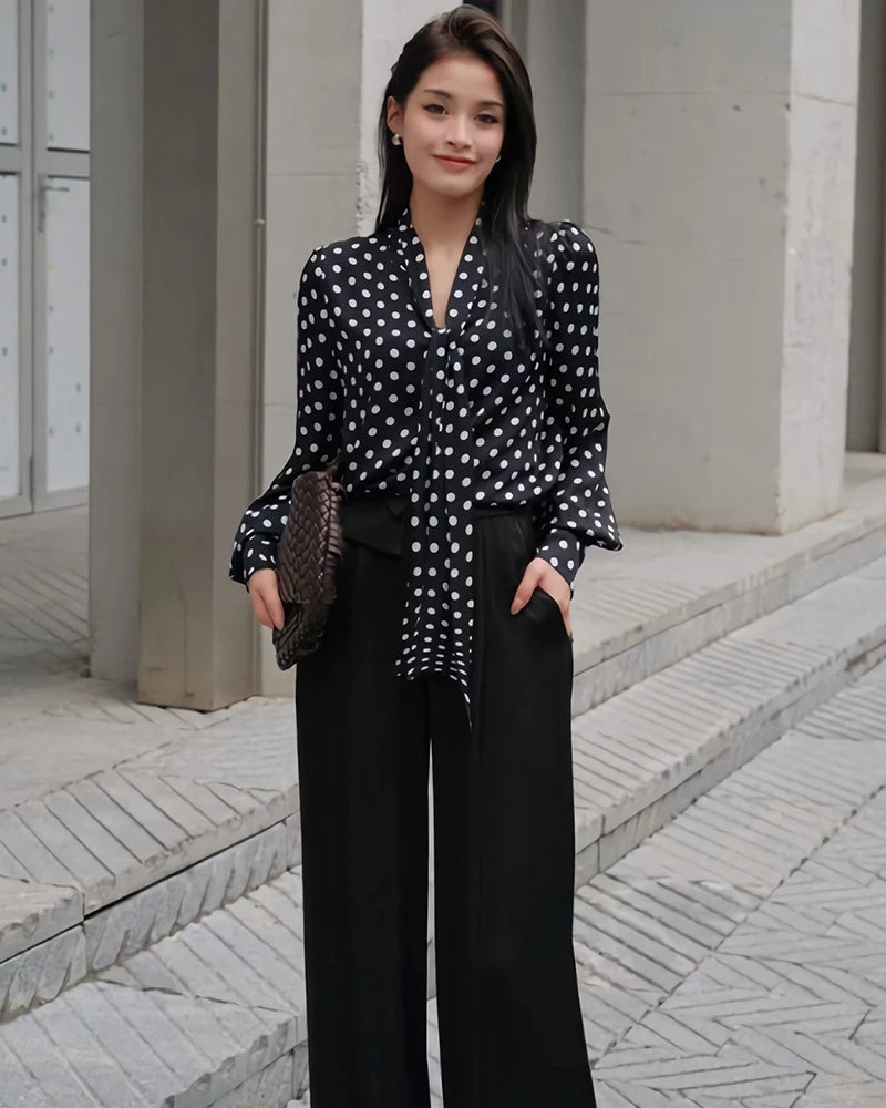 Tie Front Polka Dot Silk Blouse