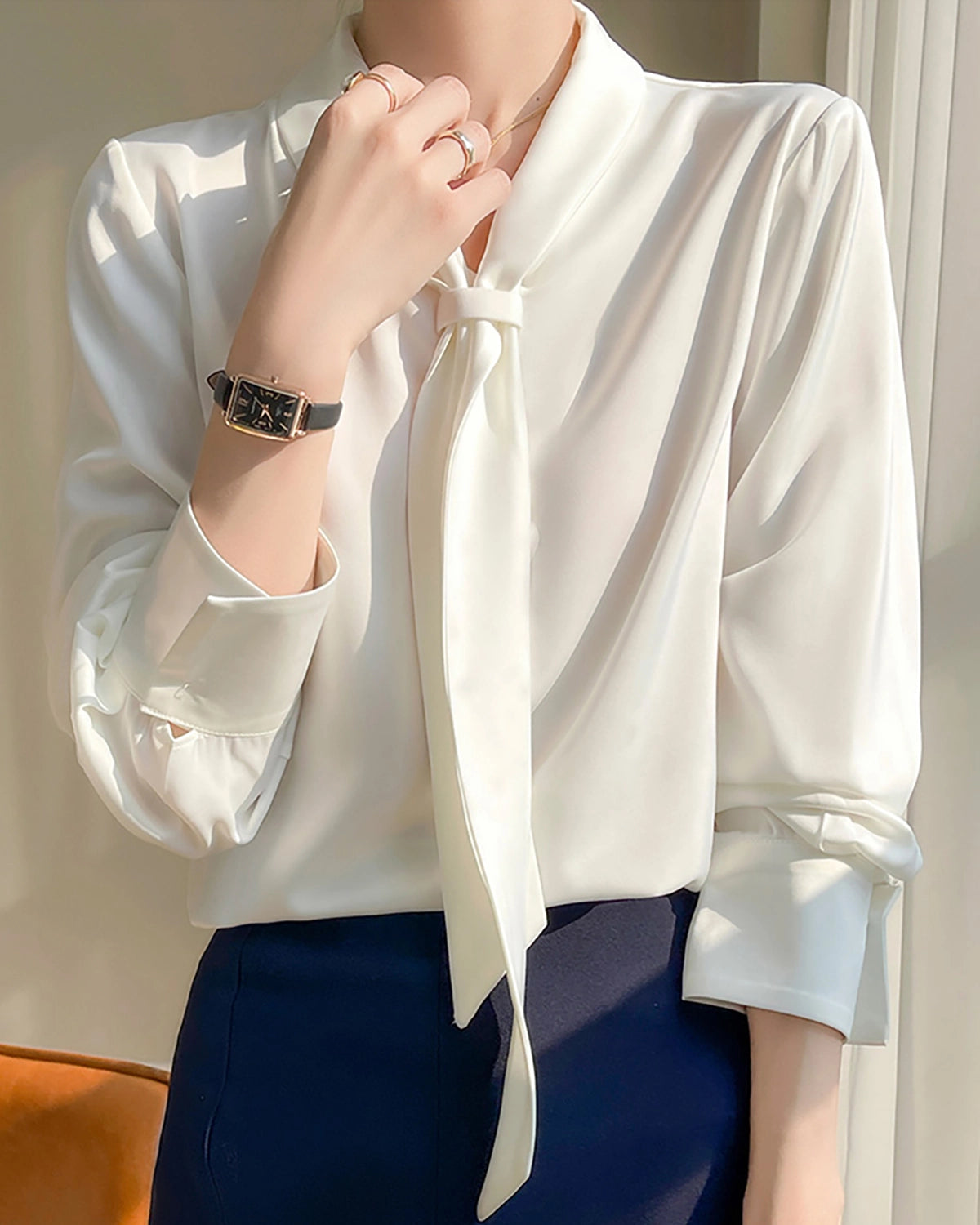 V-neck Tie Front Silk Blouse