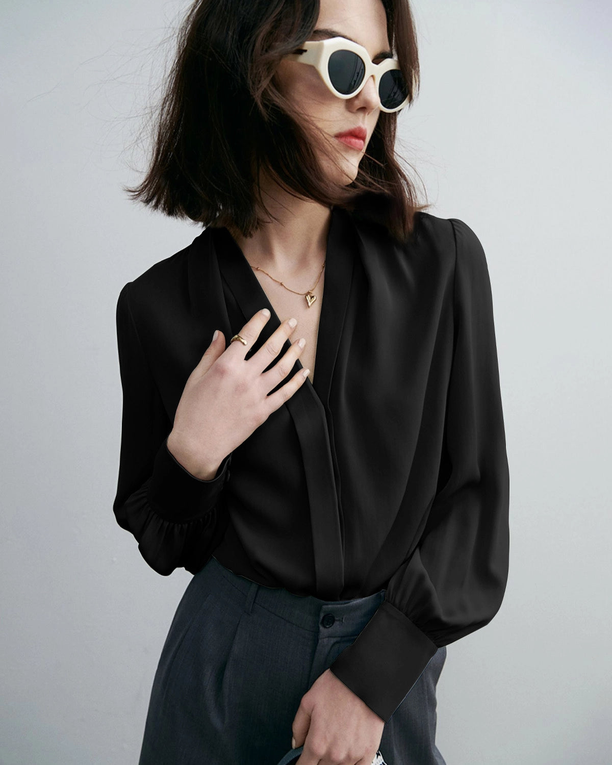 Chic Deep V-Neck Silk Blouse