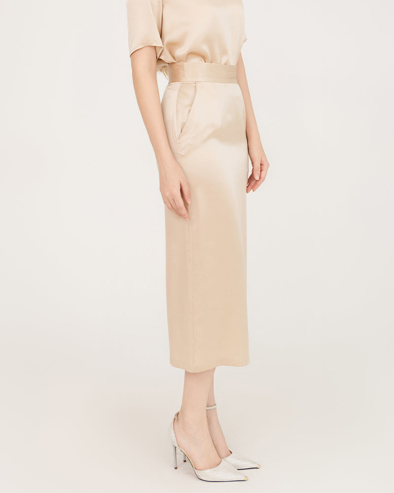 V-Neck Silk Blouse and Silk Midi Skirt Set