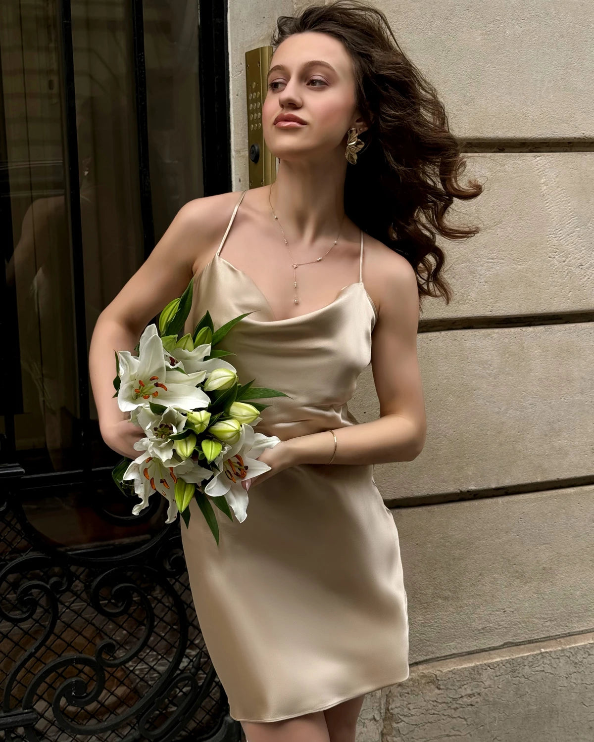 Cowl Neck Cross Back Mini Silk Dress